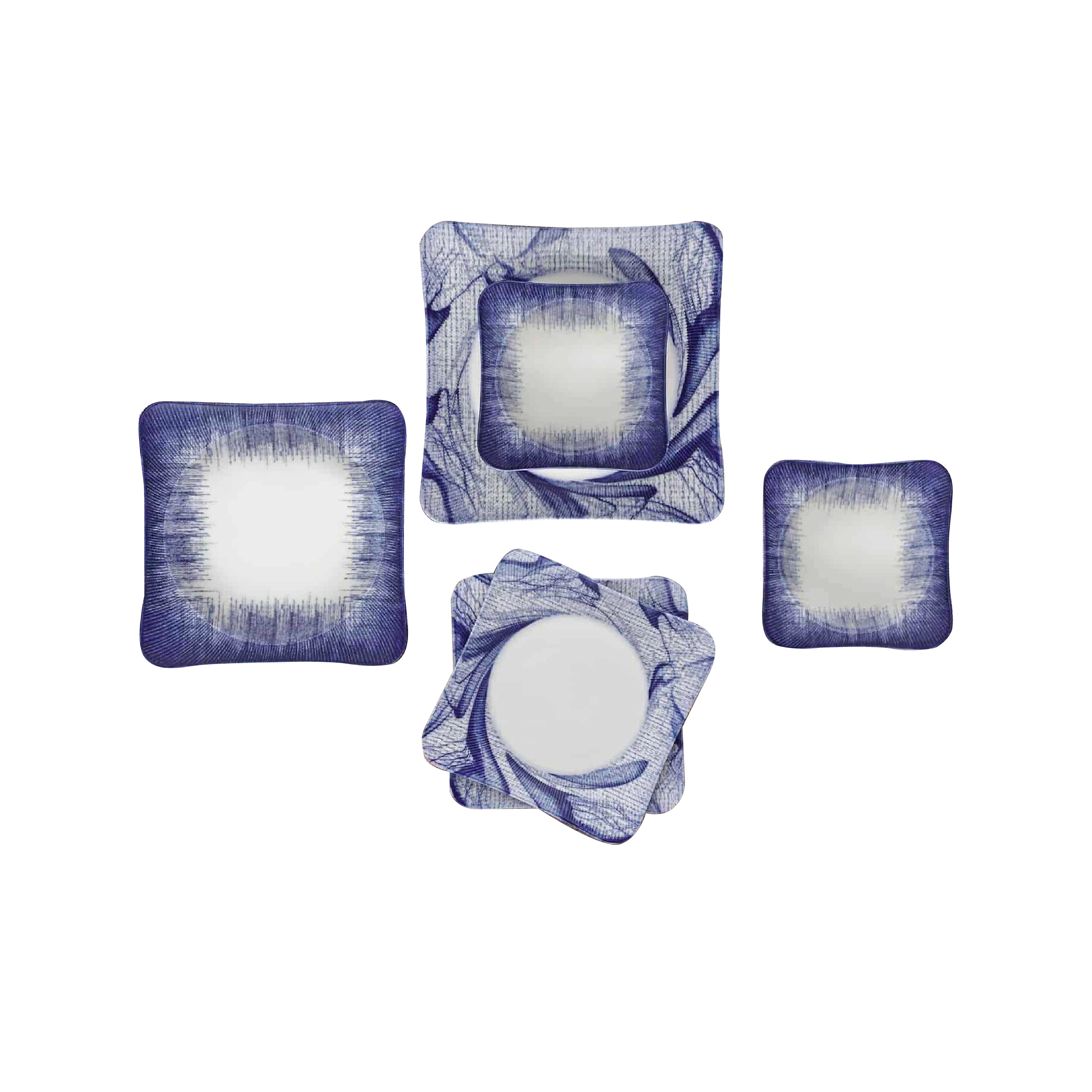 Keramika Square Plates Set Of 24 Blue+White 6 Units 14CM-6 Units 20CM-6 Units 19CM-6 Units 25cm, TUR-72485