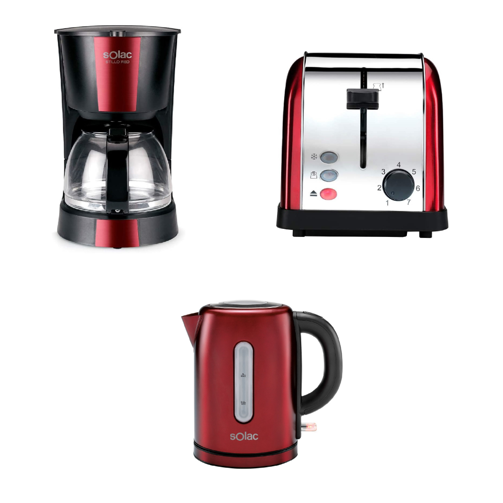 Solac Red Bundle (Red Toaster + Stillo 1L Kettle + Solac Stillo 12 Cups Coffee Maker), SL5415+SL4029+SL5857