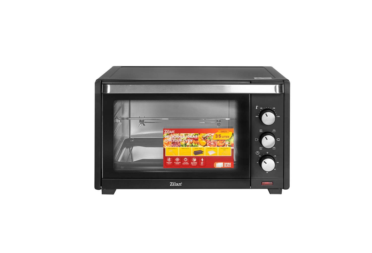 Zilan Electric Oven Rozerin 45L, Thermostat, Timer, Double Glass, Convenction, Lamp, Rottiserie, 2000W, Black, ZLN1024
