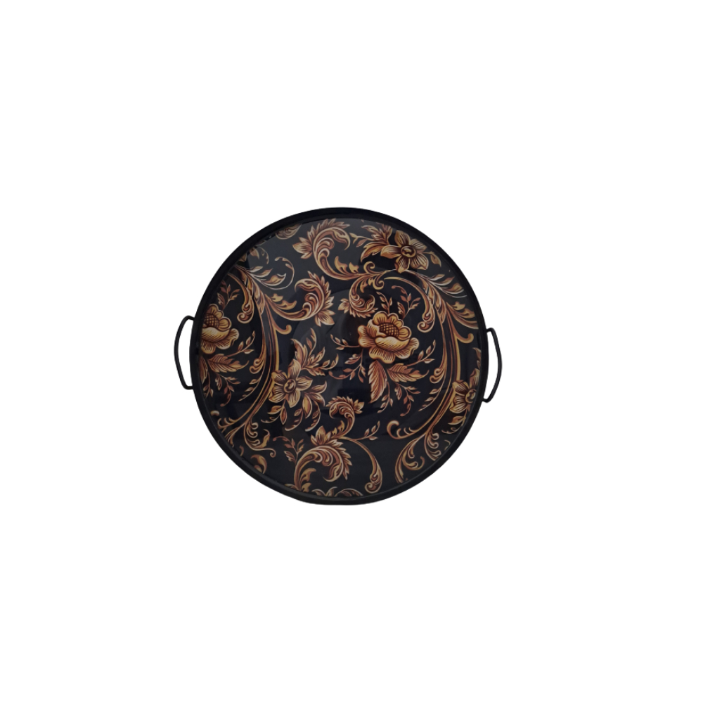 KC Large Round Metal Tray (Gold Flowers), TUR-8438GOLDFLOWERS