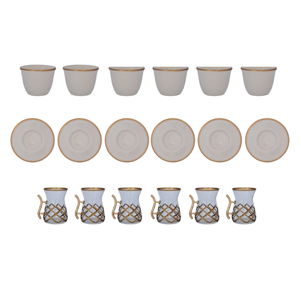 Pasha Home Hand Made Mirrali Tea Cup Set Of 6+ Coffee Cup Set Of 6 White And Gold, TUR-PSH0090