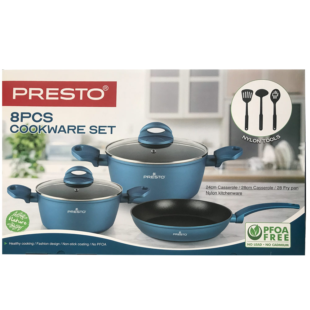 Presto Cookware Set 8 Pieces (24cm Casserole / 28cm Casserole / 28cm Fry Pan + 3 Nylon Tools), PRE-BFAC1