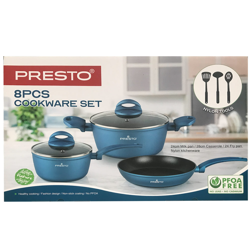 Presto Cookware Set 8 Pieces (24cm Milk Pan / 28cm Casserole / 24cm Fry Pan + 3 Nylon Tools), PRE-BFAC2