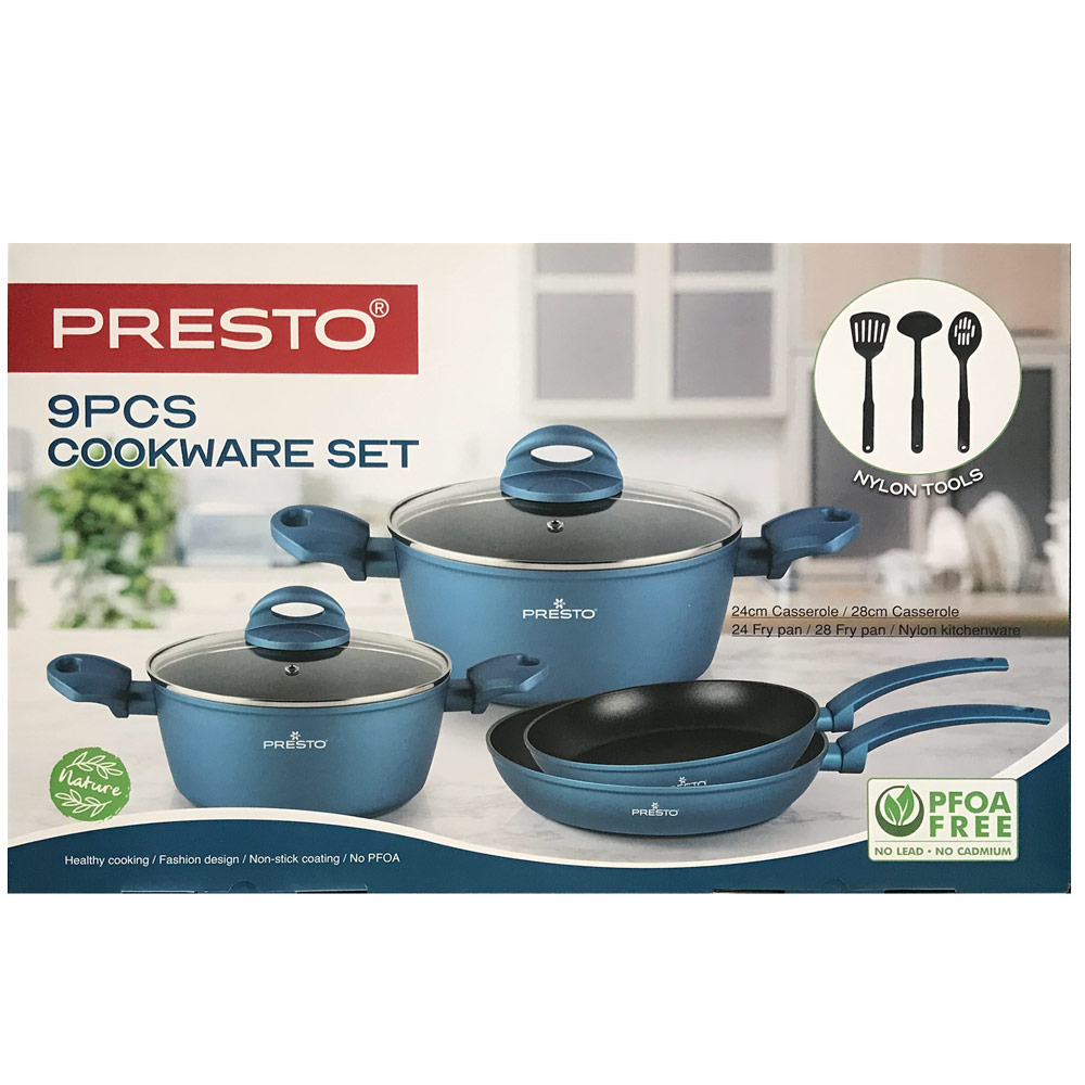 Presto Cookware Set 9 Pieces (24cm Casserole / 28cm Casserole / 24cm Fry Pan + 3 Nylon Tools), PRE-BFAC3