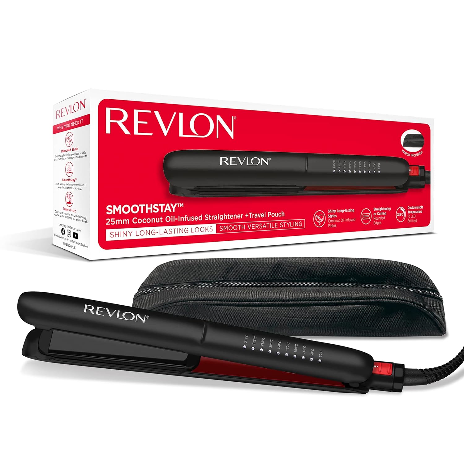Revlon Smoothstay 25mm Hair Straightener With Coconut Oil Infusion + Travel Bag, RVST2211PE