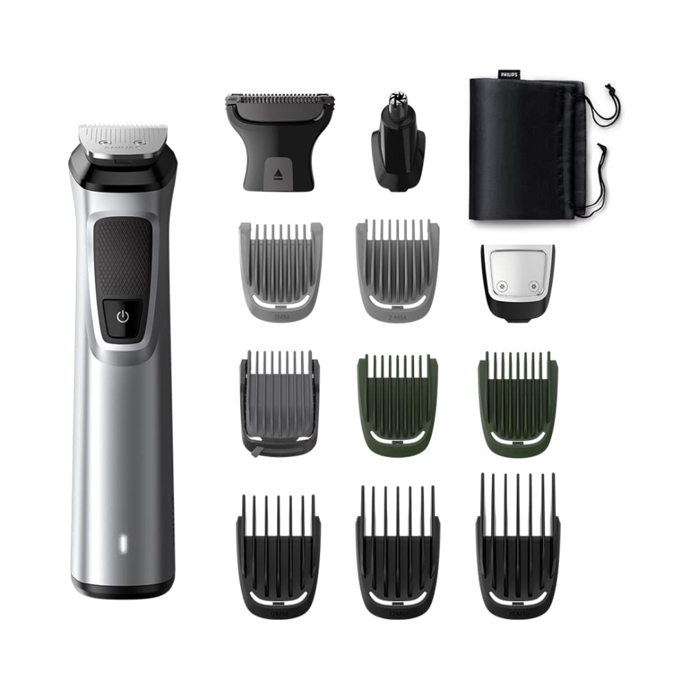 Philips Multigroom 13 In 1, Head, Face & Body, Full Metal Beard Trimmer Stubble Comb 2, Hair Combs 9,12,16mm, Body Comb 3,5mm, Run Time 120Min, Charging Time 1HR, Cleaning Brush, Small Pouch, MG7715