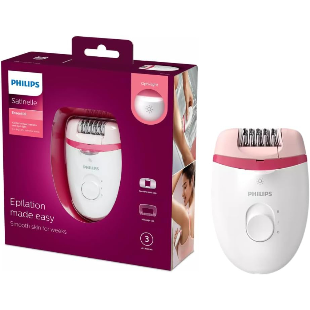 Philips Epilator Corded & Cordless, For Legs & Delicate Zones, Efficient Epilation System, Built In Light, 2 Speed Settings, Accessories (Massage Cap, Delicate Area Cap, Travel Pouch), BRE255