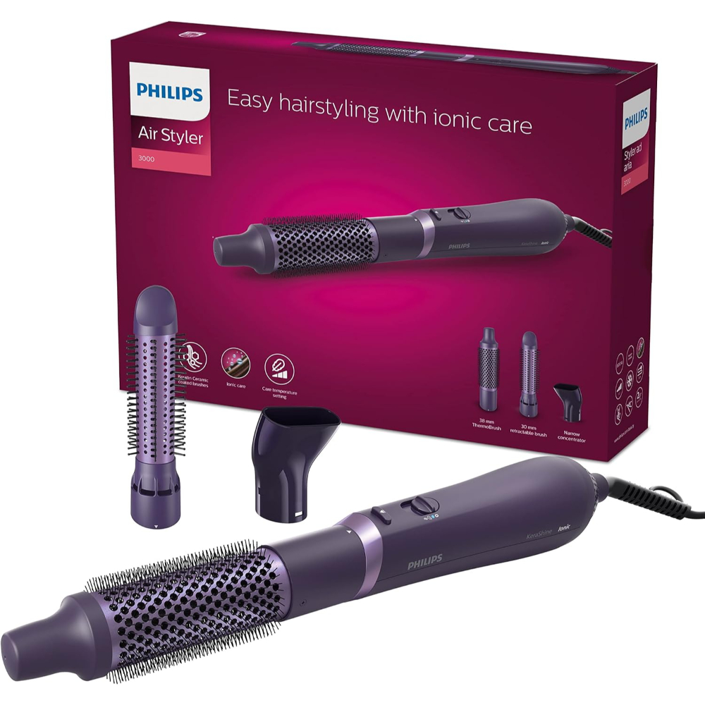 Philips Airstyler, 800W, Ionic Technology, Cool Air Setting, Keratin Ceramic Brushes, Heat Settings 3 With 2 Speeds, Nozzle, Retractable Bristle Brush 30mm, Thermobrush 38Mm, BHA305