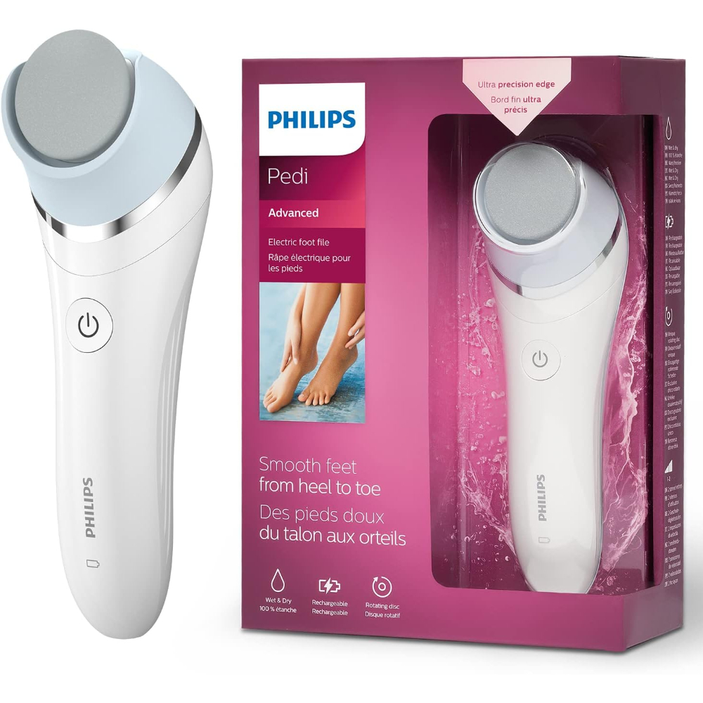 Philips Pedi Care, Ultra Precision Edge, Rotating Disc, Wet & Dry, Cordless, Speed Setting 2, Cleaning Brush, Run Time 40min, Charging Time 1.5HR, Battery Indicator, BCR430