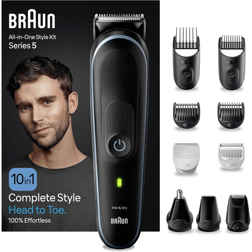 Braun Men Style Kit For Head To Toe Grooming, 10In1 100 Min Runtime, Pouch, BRA-MGK5445