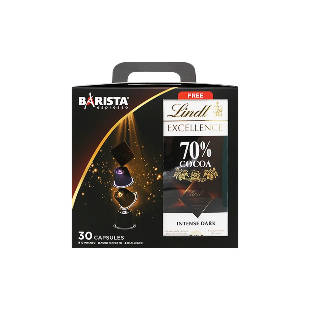 Barista Capsules Box Intenso 10-Auro Perfetto 10- Allegro 10 + Lindt Chocolate, BAR-XMISS