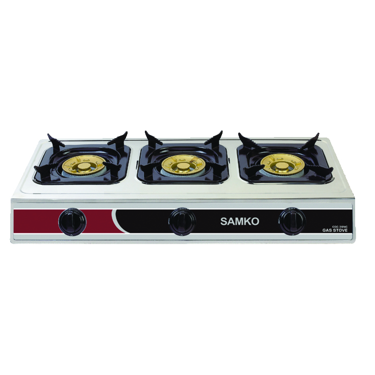 SAMKO Stainless Steel Table Top Gas Cooker 3 Large Brass Burners Burner with Automatic Iginition, CGC-3SRB