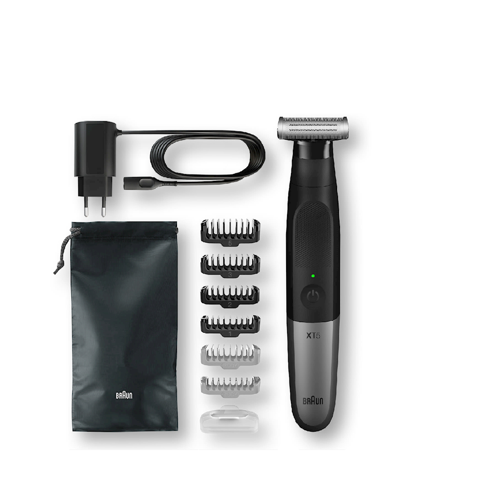BRAUN SHAVER Series X XT5200 Wet & Dry all in one trimmer with 6 attachments and travel pouch, black / grey-metal, XT5200